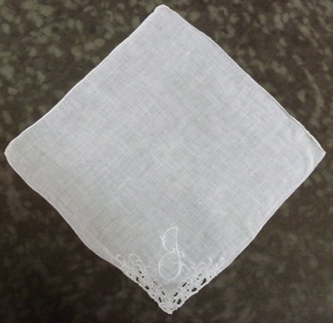 13.5 X 14 WHITE LINEN
EYELET and EMBROIDERED
MOMOGRAMMED " J "
$5.00 13.5 X 14 WHITE LINEN
EYELET and EMBROIDERED
MOMOGRAMMED " J "
$5.00